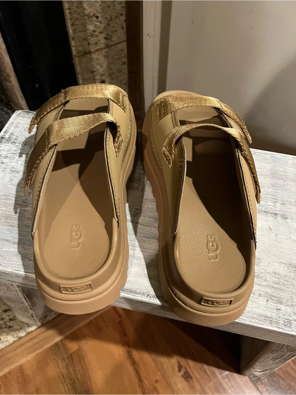 UGG Slide Sandals in Beige/Gold with adjustable straps